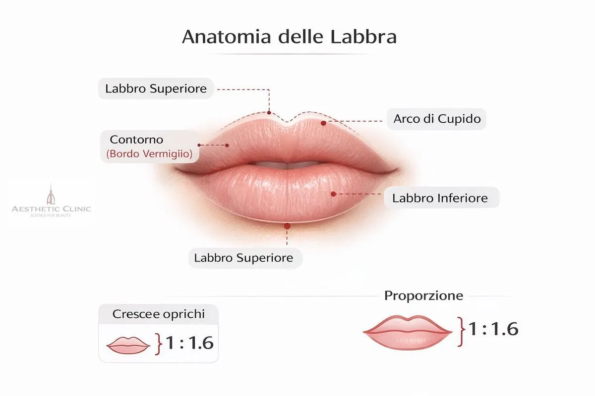 anatomia labbra arco di cupido proporzioni labbro superiore inferiore bordo vermiglio