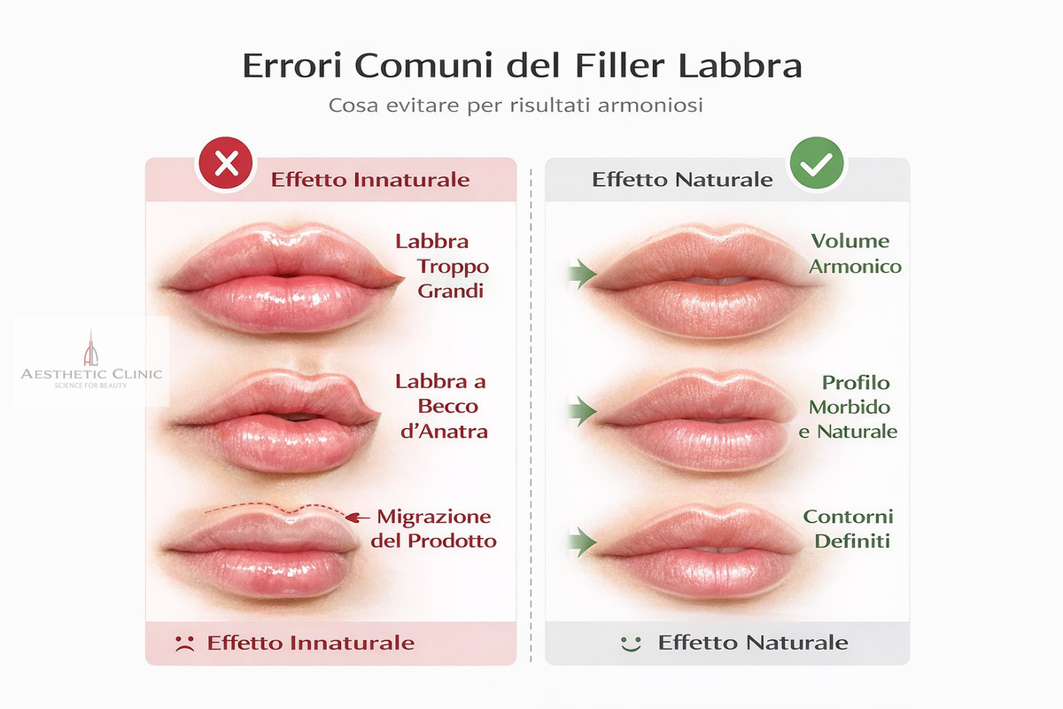 errori filler labbra effetto innaturale labbra a becco d'anatra migrazione prodotto confronto risultato naturale