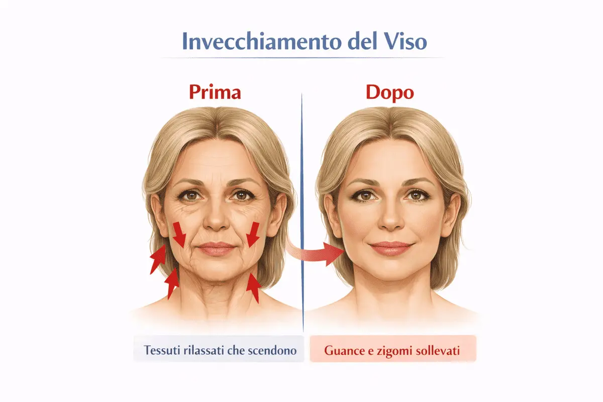 Invecchiamento del viso con discesa dei tessuti e confronto con il riposizionamento ottenuto con lifting Deep Plane