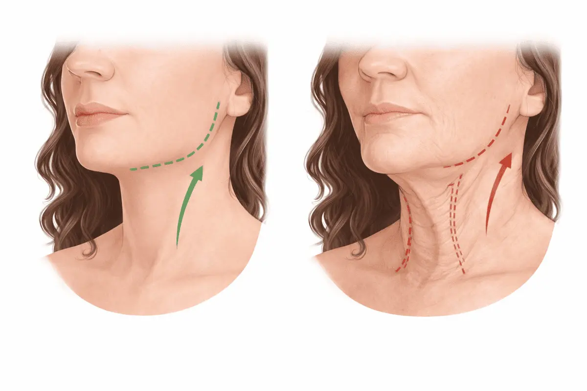 Schema angolo cervico-mentoniero nel collo giovane e invecchiato con perdita di definizione cervicale