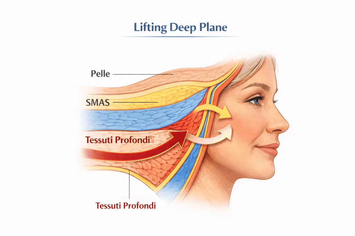 Schema anatomico lifting Deep Plane con pelle SMAS e tessuti profondi del volto