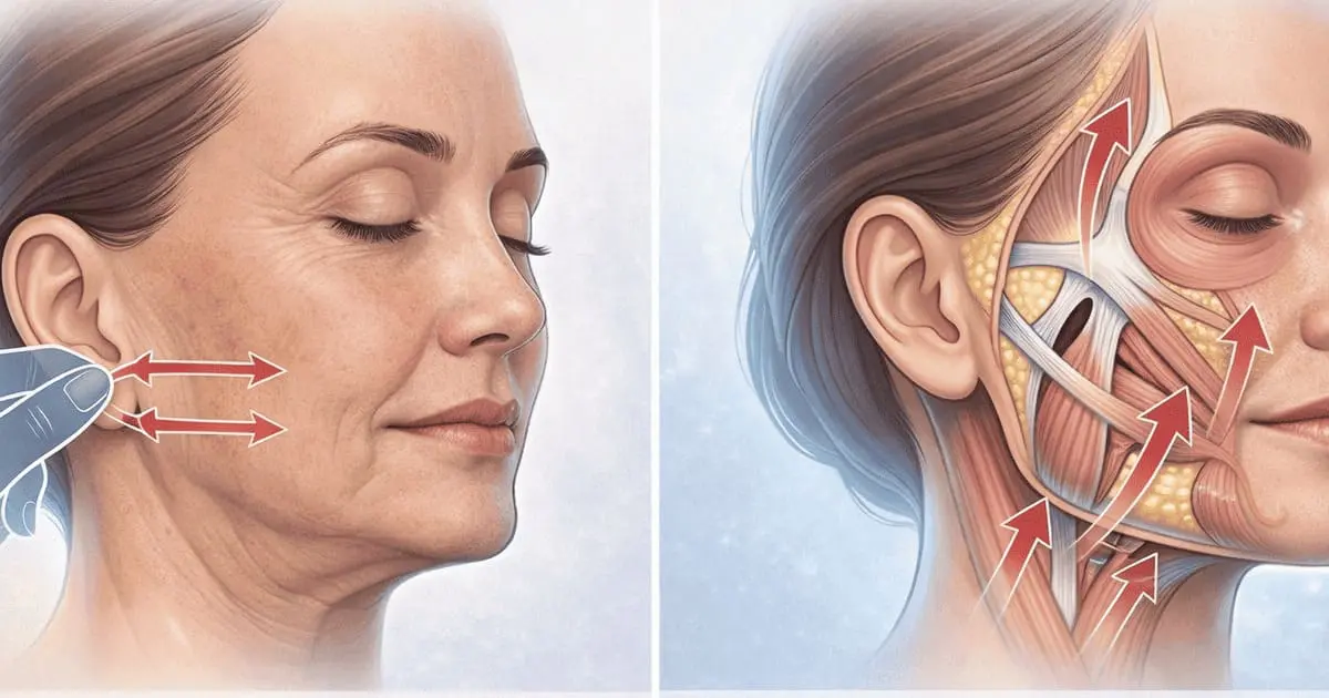 Differenza tra lifting Deep Plane e lifting tradizionale: schema anatomico con trazione cutanea superficiale e riposizionamento profondo dello SMAS