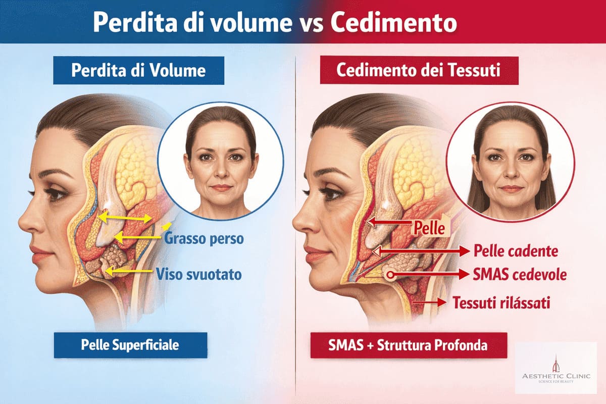 differenza tra perdita di volume e cedimento dei tessuti del viso schema esplicativo