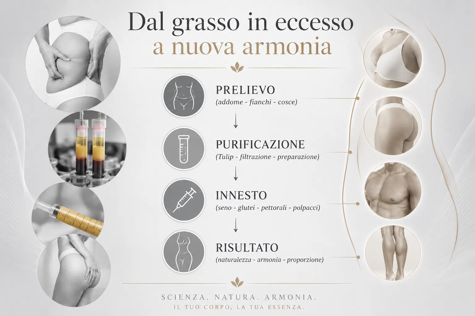 Percorso del grasso autologo nel lipofilling corpo: prelievo, purificazione, innesto e risultato