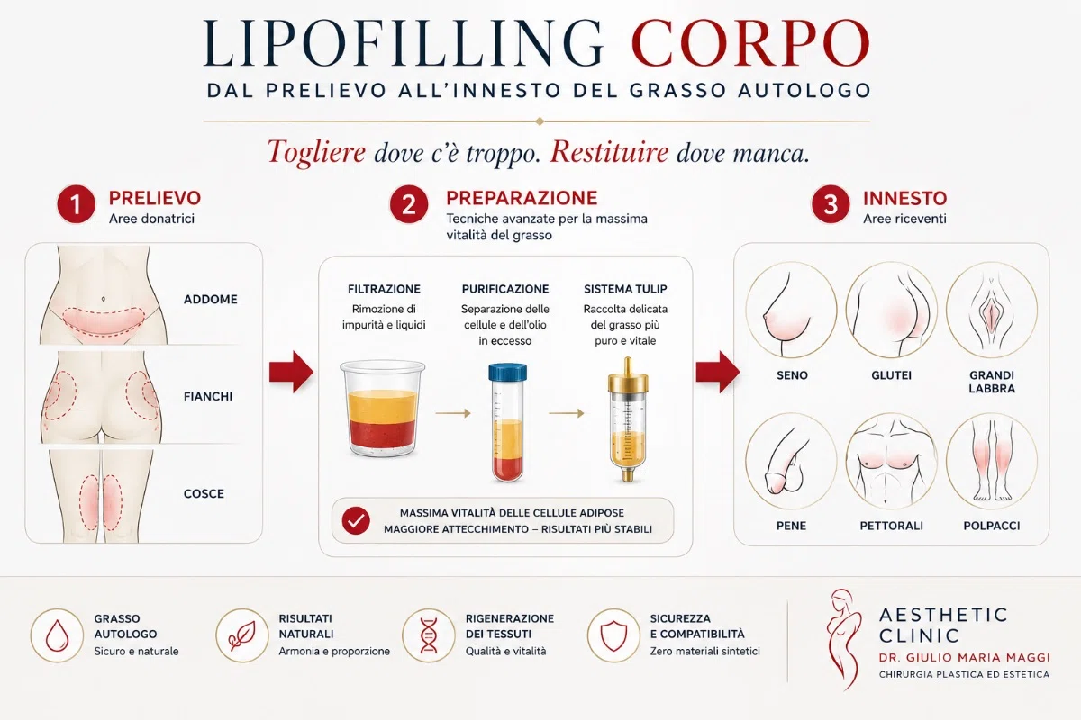 Fasi del lipofilling corpo: prelievo del grasso, preparazione e reinnesto