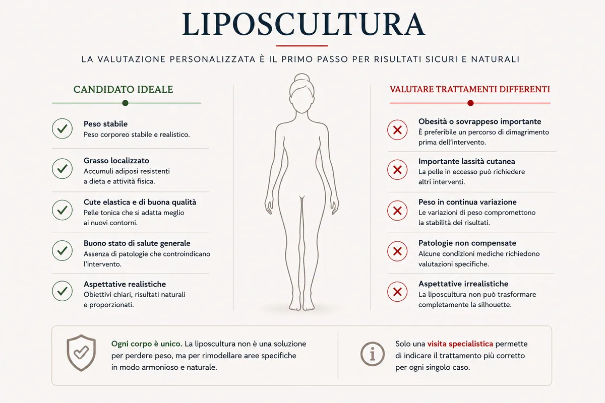 Caratteristiche del candidato ideale alla liposcultura: peso stabile, adiposità localizzate, cute elastica e buono stato di salute.