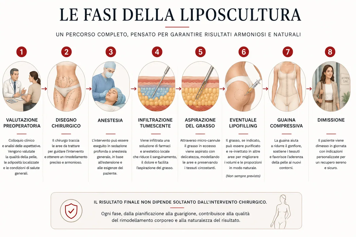 Fasi di un intervento di liposcultura: valutazione preoperatoria, disegno chirurgico, anestesia, infiltrazione, aspirazione, eventuale lipofilling, guaina e dimissione.