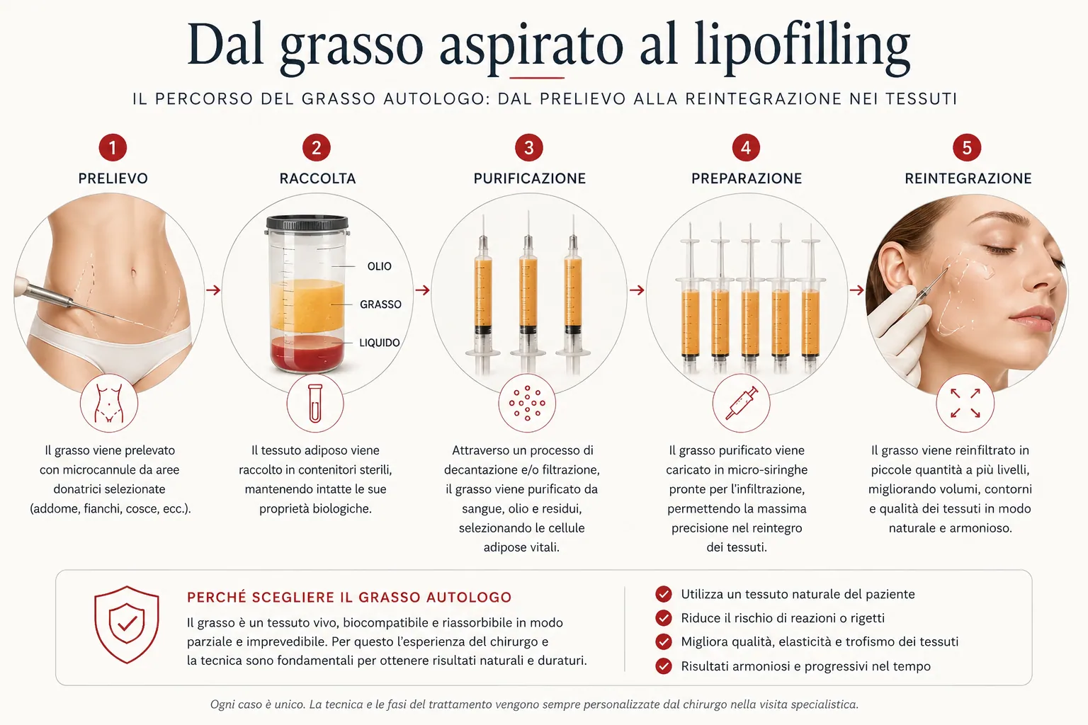 Percorso del grasso autologo: dal prelievo alla purificazione fino al reimpianto mediante lipofilling.