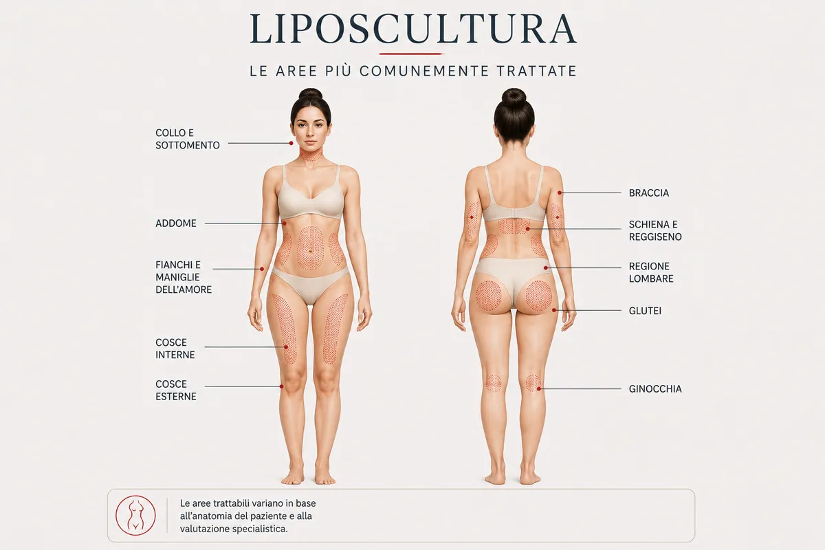Principali aree del corpo trattabili con la liposcultura: sottomento, addome, fianchi, braccia, schiena, regione lombare, glutei, cosce e ginocchia.