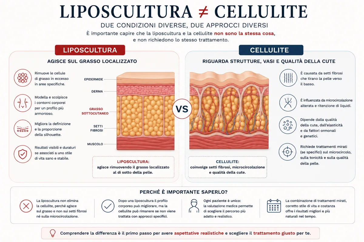 Confronto tra liposcultura e cellulite: la liposcultura agisce sul grasso localizzato, mentre la cellulite coinvolge setti fibrosi, microcircolazione e qualità della pelle.