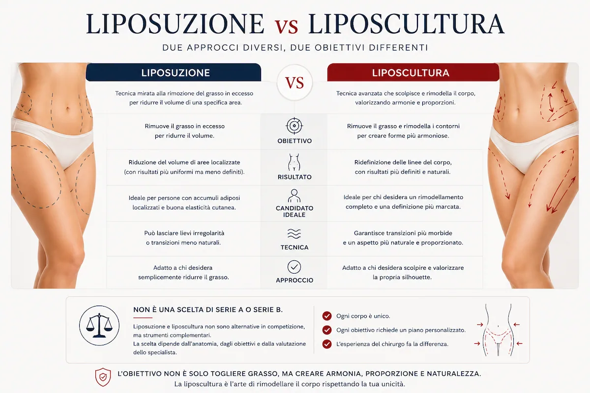 Confronto tra liposuzione e liposcultura: differenze negli obiettivi, nell'approccio chirurgico, nelle indicazioni e nei risultati del rimodellamento corporeo.