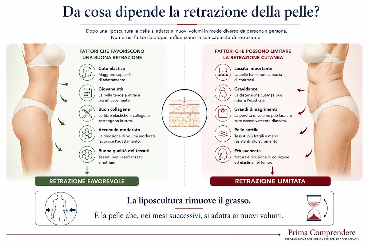 Fattori che influenzano la retrazione cutanea dopo una liposcultura: elasticità della pelle, età, qualità dei tessuti, quantità di grasso rimossa e lassità cutanea.
