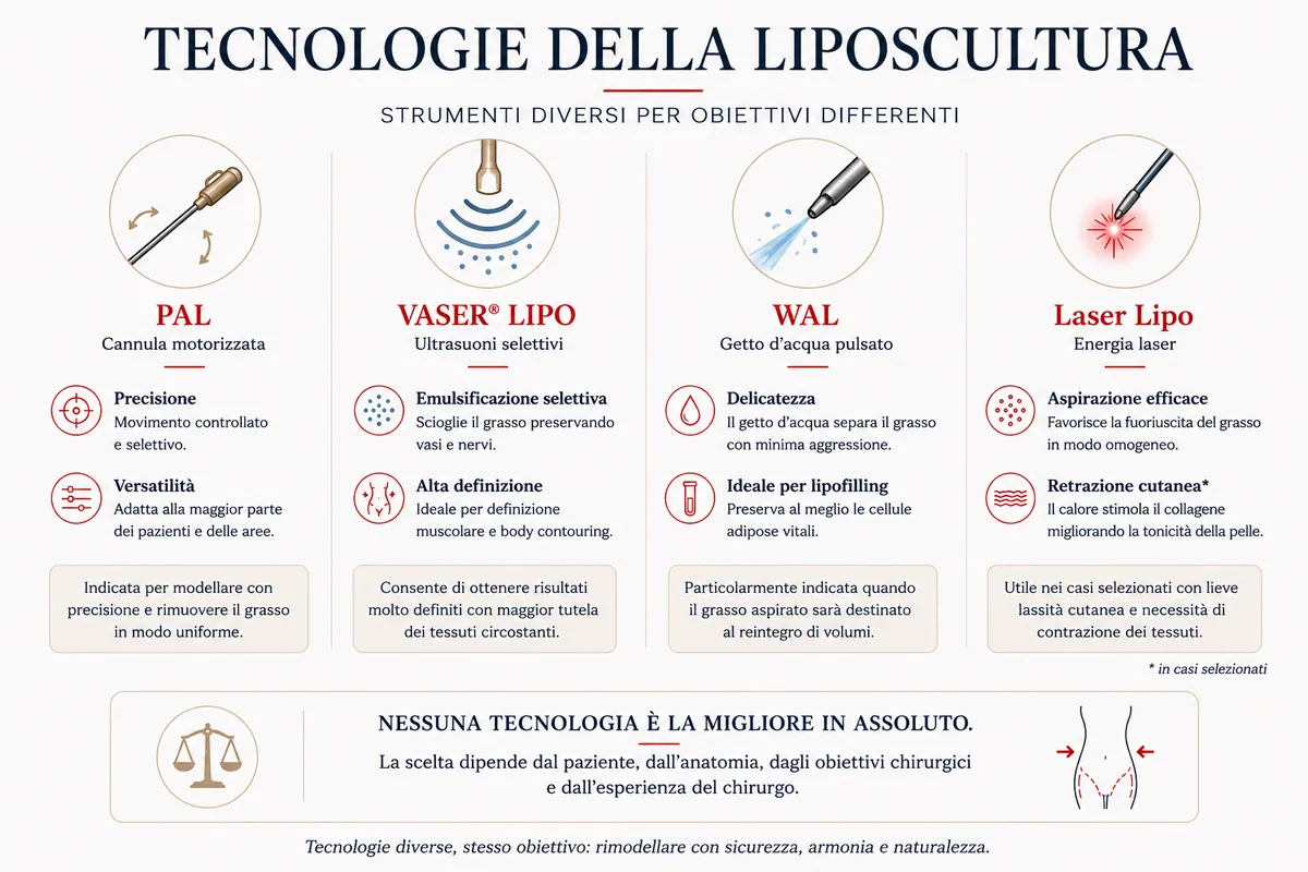 Confronto tra le principali tecnologie della liposcultura: PAL, VASER Lipo, WAL e Laser Lipo con caratteristiche, indicazioni e vantaggi.