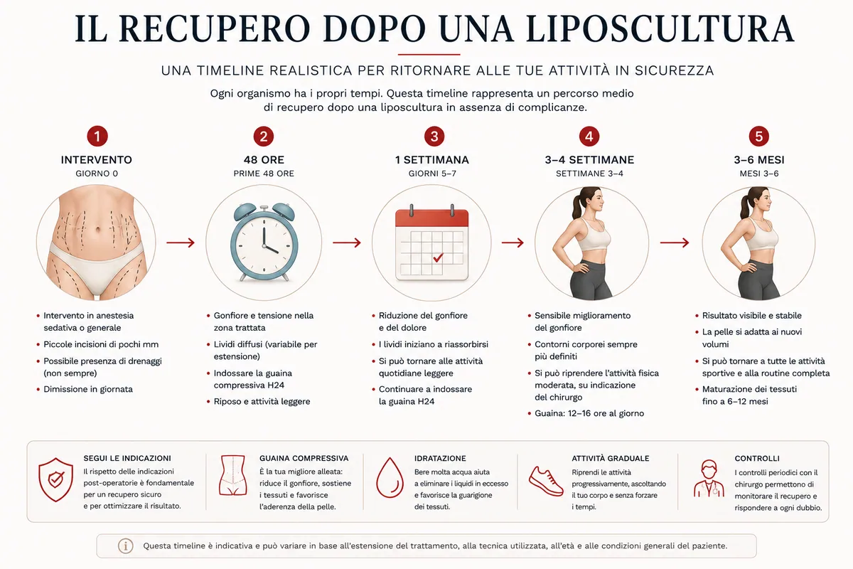 Timeline del recupero dopo una liposcultura: dall'intervento alle prime 48 ore, dalla prima settimana fino al ritorno alle normali attività e alla stabilizzazione dei tessuti.