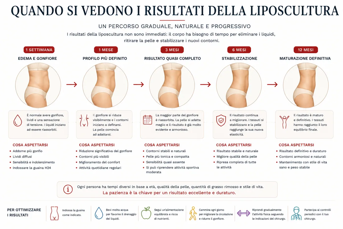 Evoluzione dei risultati della liposcultura: dalla prima settimana fino alla maturazione definitiva a 12 mesi.