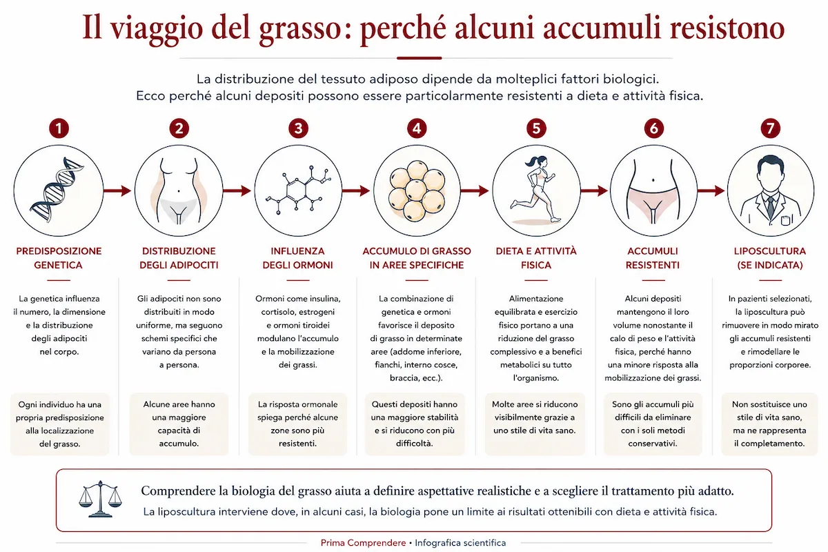 Infografica sul percorso biologico che porta alla formazione degli accumuli adiposi localizzati e sul ruolo della liposcultura nel rimodellamento corporeo.