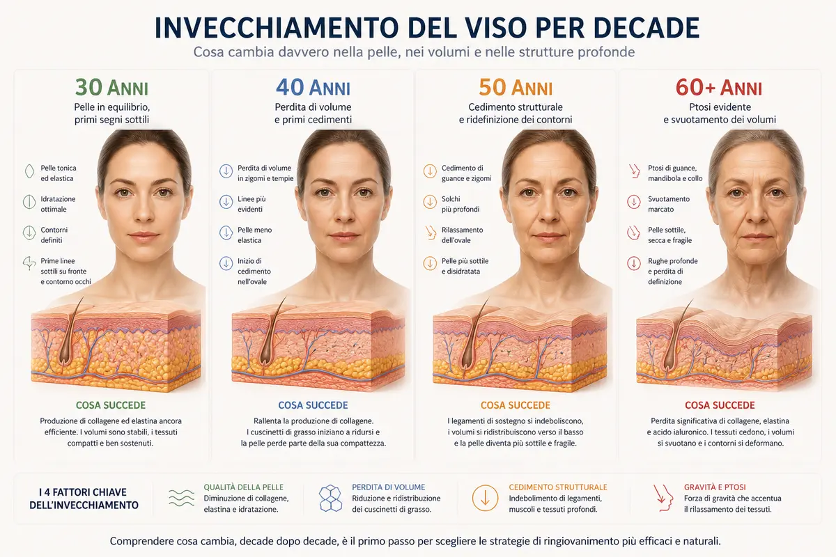 infografica sul processo di invecchiamento del viso decade per decade dai 30 ai 60 anni