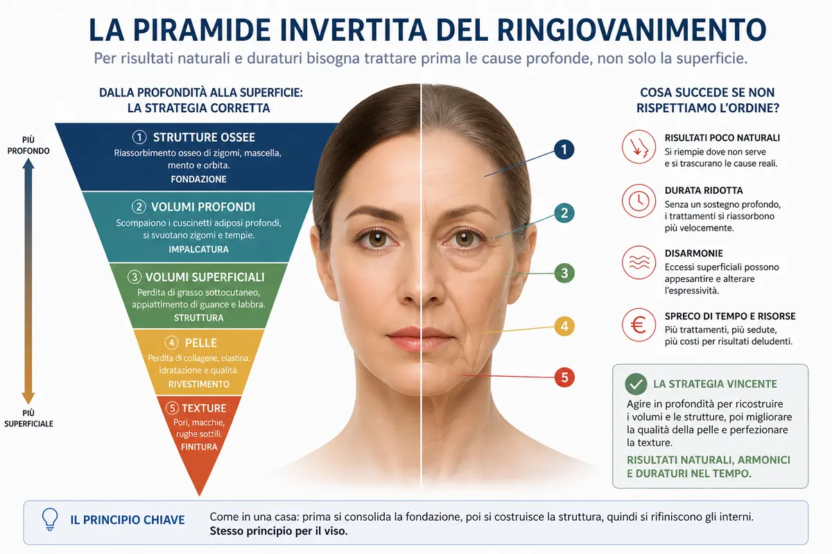 schema della piramide invertita dell’invecchiamento del viso con perdita di volume, cedimento dei tessuti e degradazione della pelle dai livelli profondi alla superficie