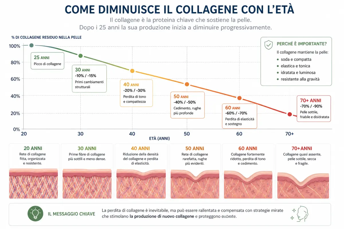 grafico della riduzione del collagene nel viso con l’età dai 25 ai 70 anni con perdita progressiva di elasticità e qualità della pelle