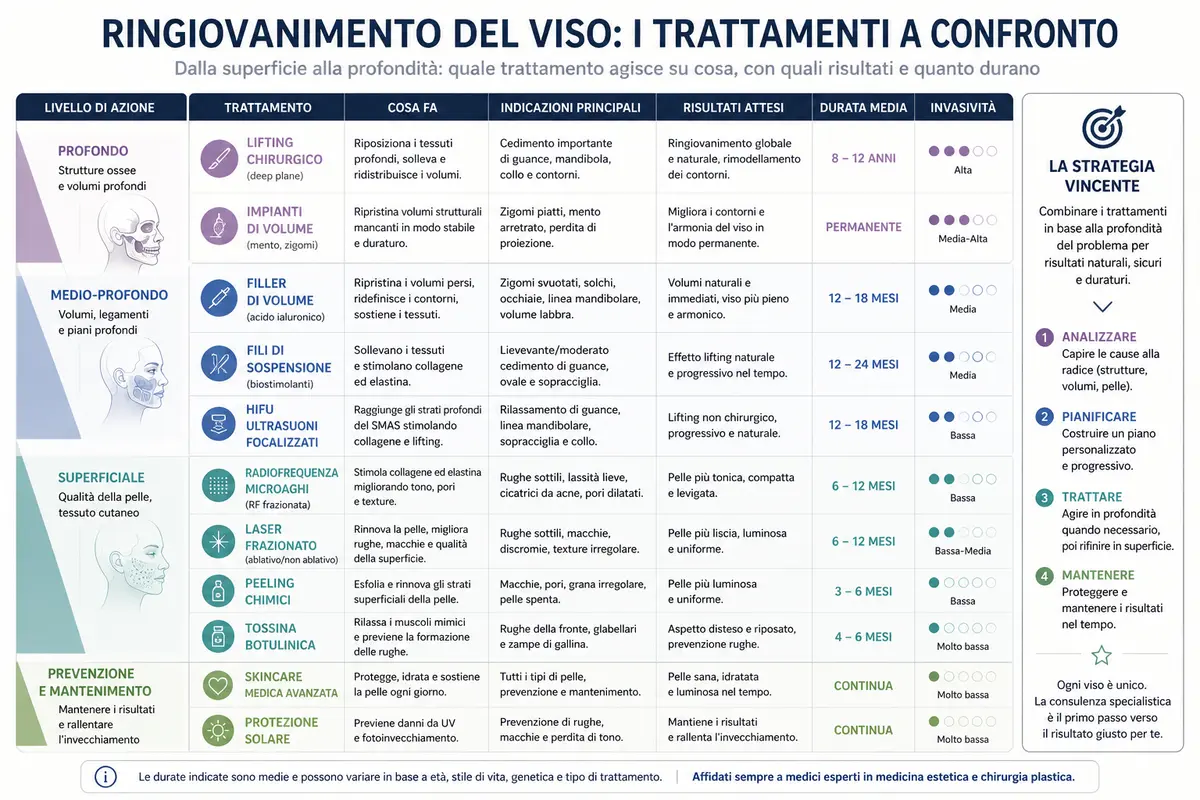 schema dei trattamenti per il ringiovanimento del viso suddivisi per livelli anatomici con indicazioni, risultati e durata